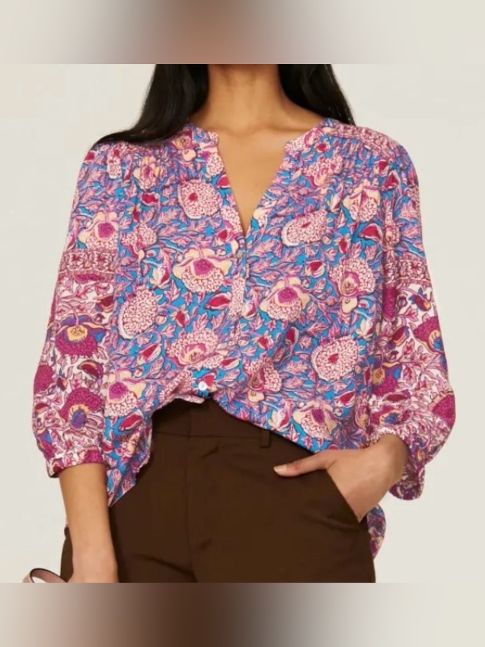 Floral V-Neck Peasant Blouse In Pink & Blue